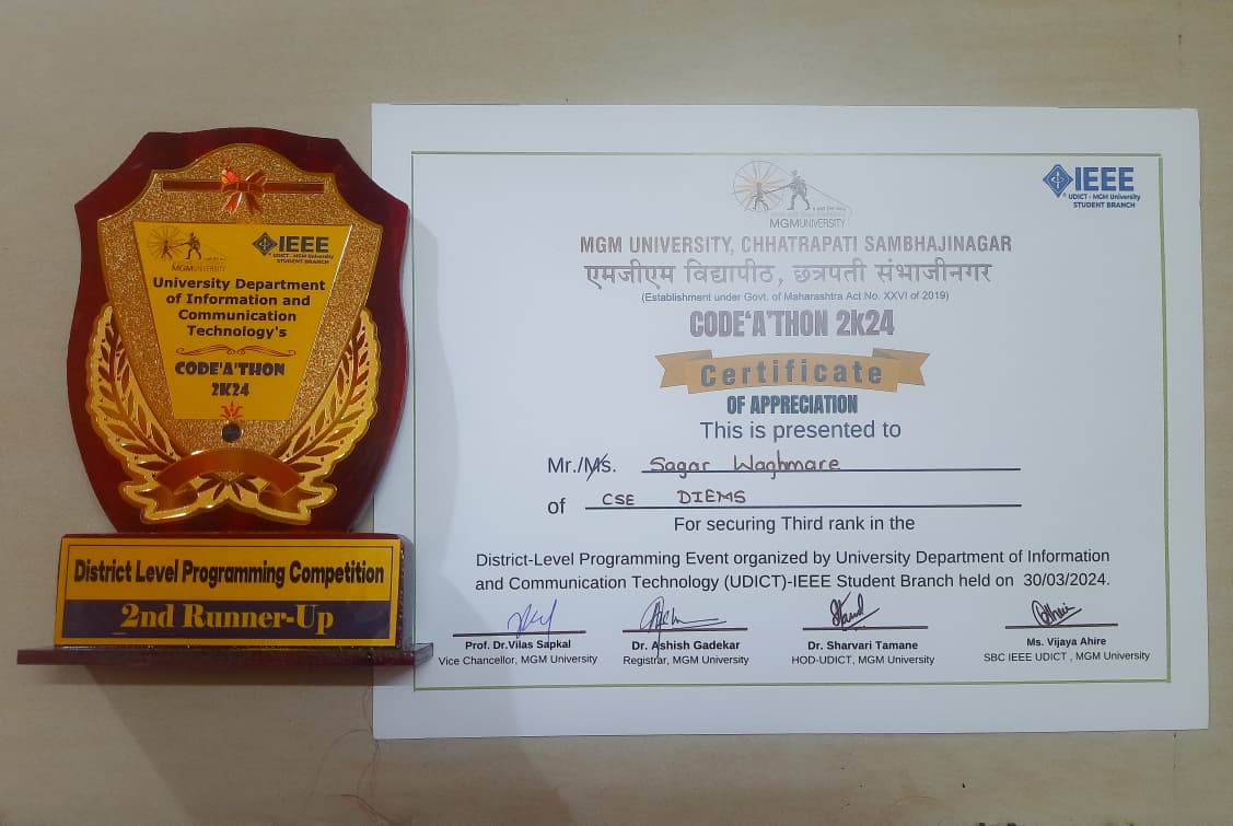 CODEATHON 2024 trophy and certificate